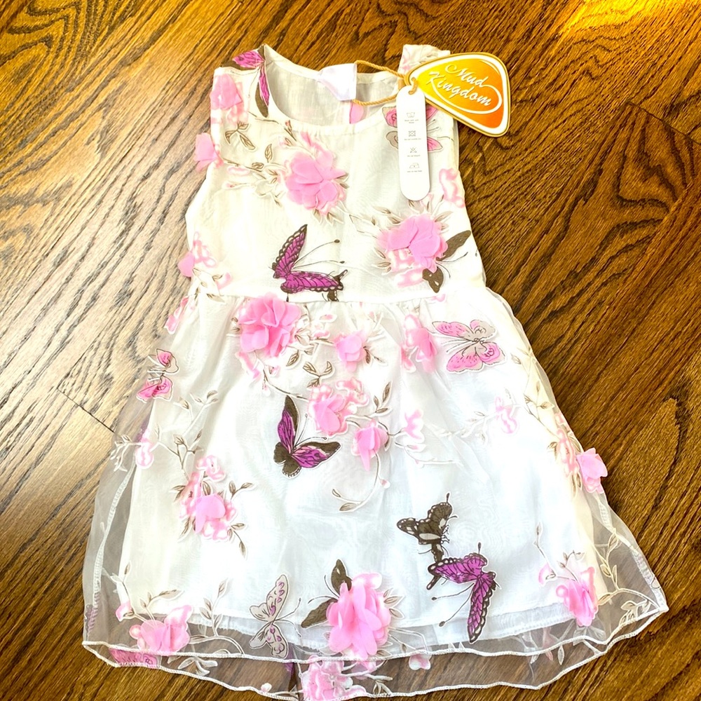 White and pink butterfly dress with gauze overlay